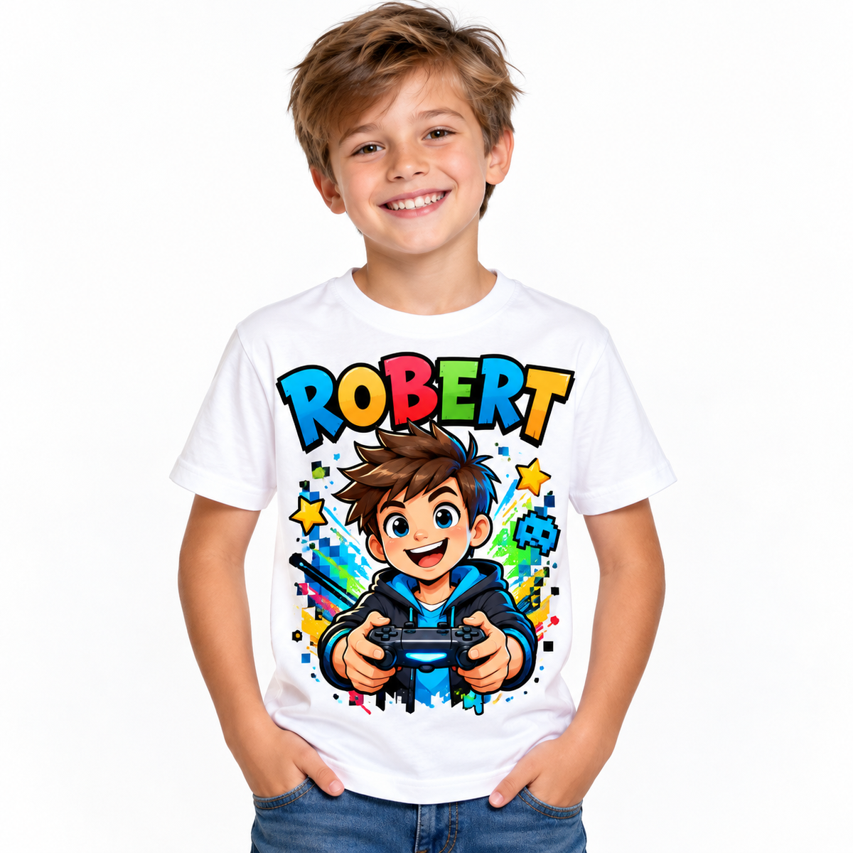 Tricou alb pentru băieți Gamer cu numele Robert – imagine 1
