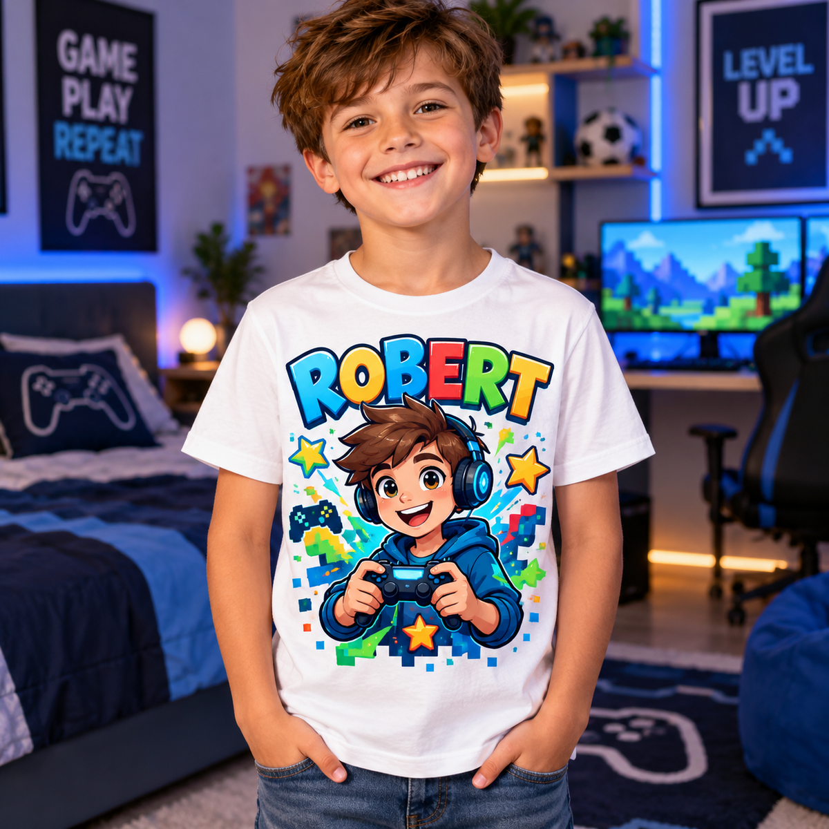 Tricou alb pentru băieți Gamer cu numele Robert – imagine 2