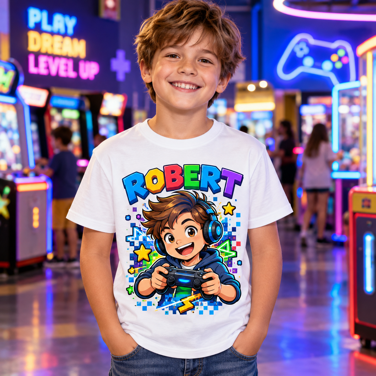 Tricou alb pentru băieți Gamer cu numele Robert – imagine 3