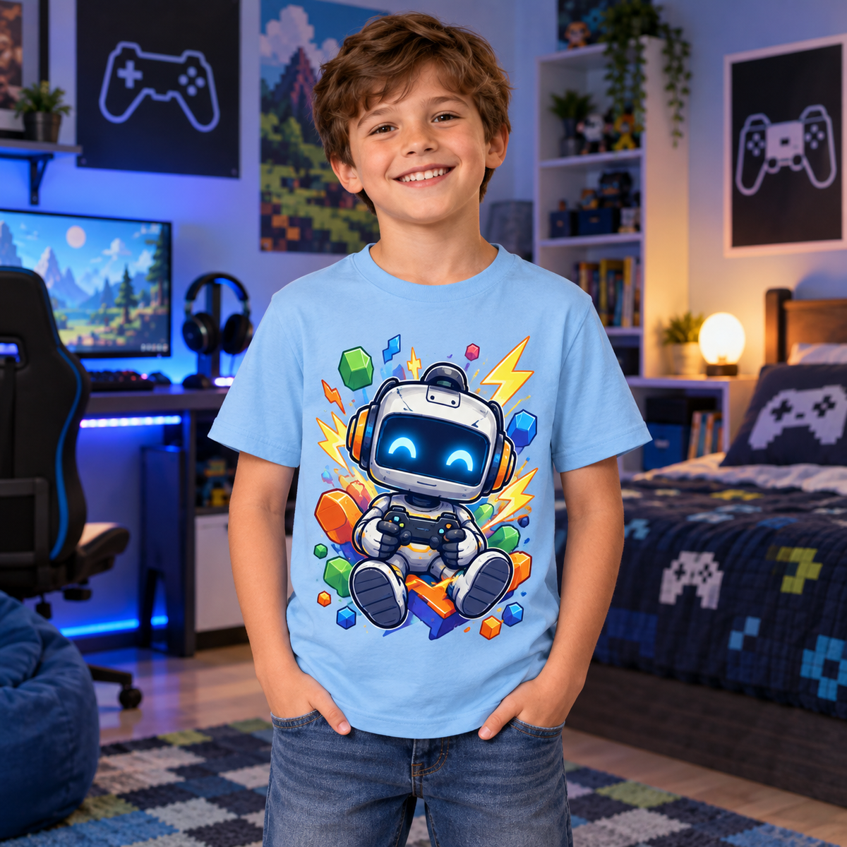 Tricou bleu pentru băieți cu robot Gamer – imagine 2