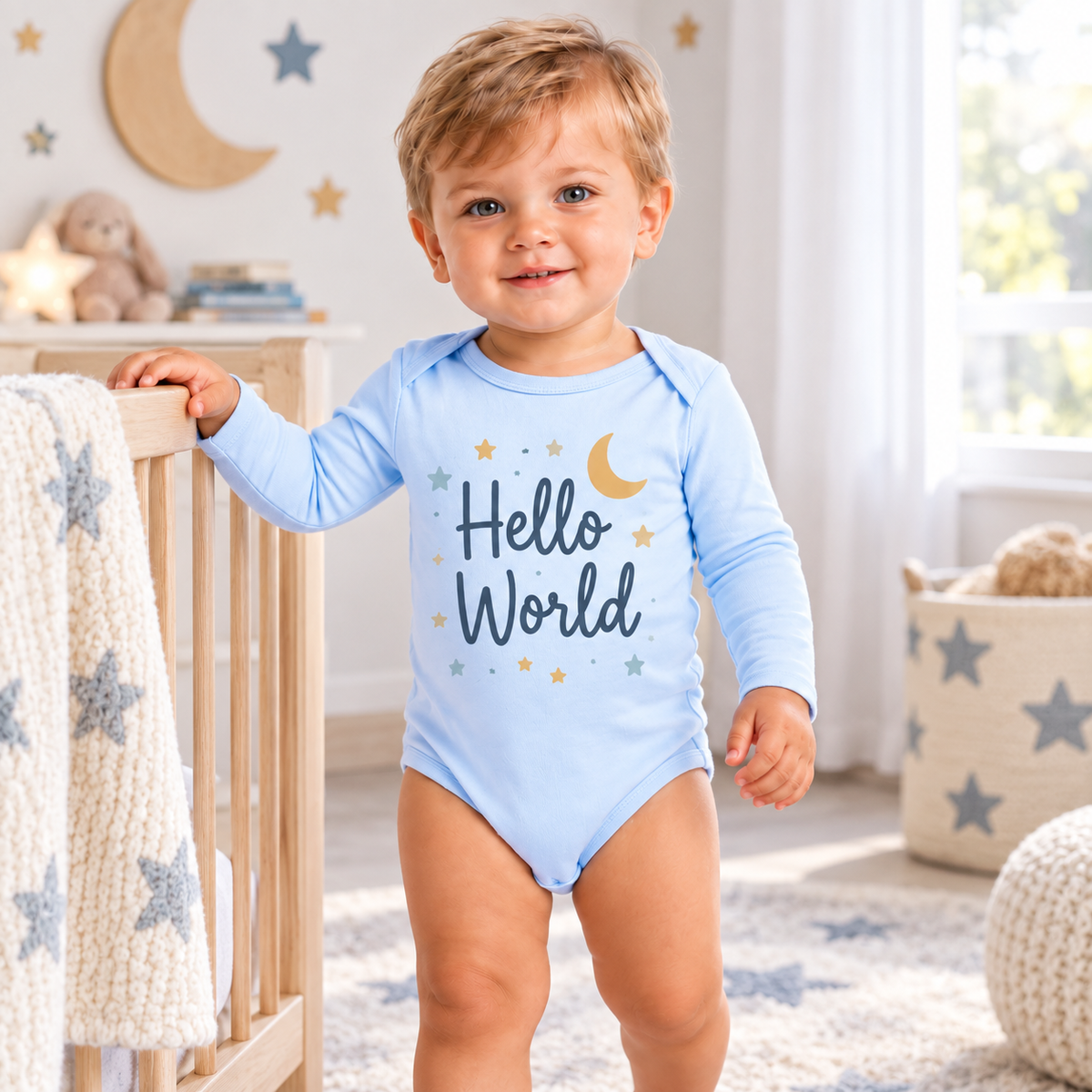 Body sau tricou personalizat pentru bebeluși Hello World – imagine ambient