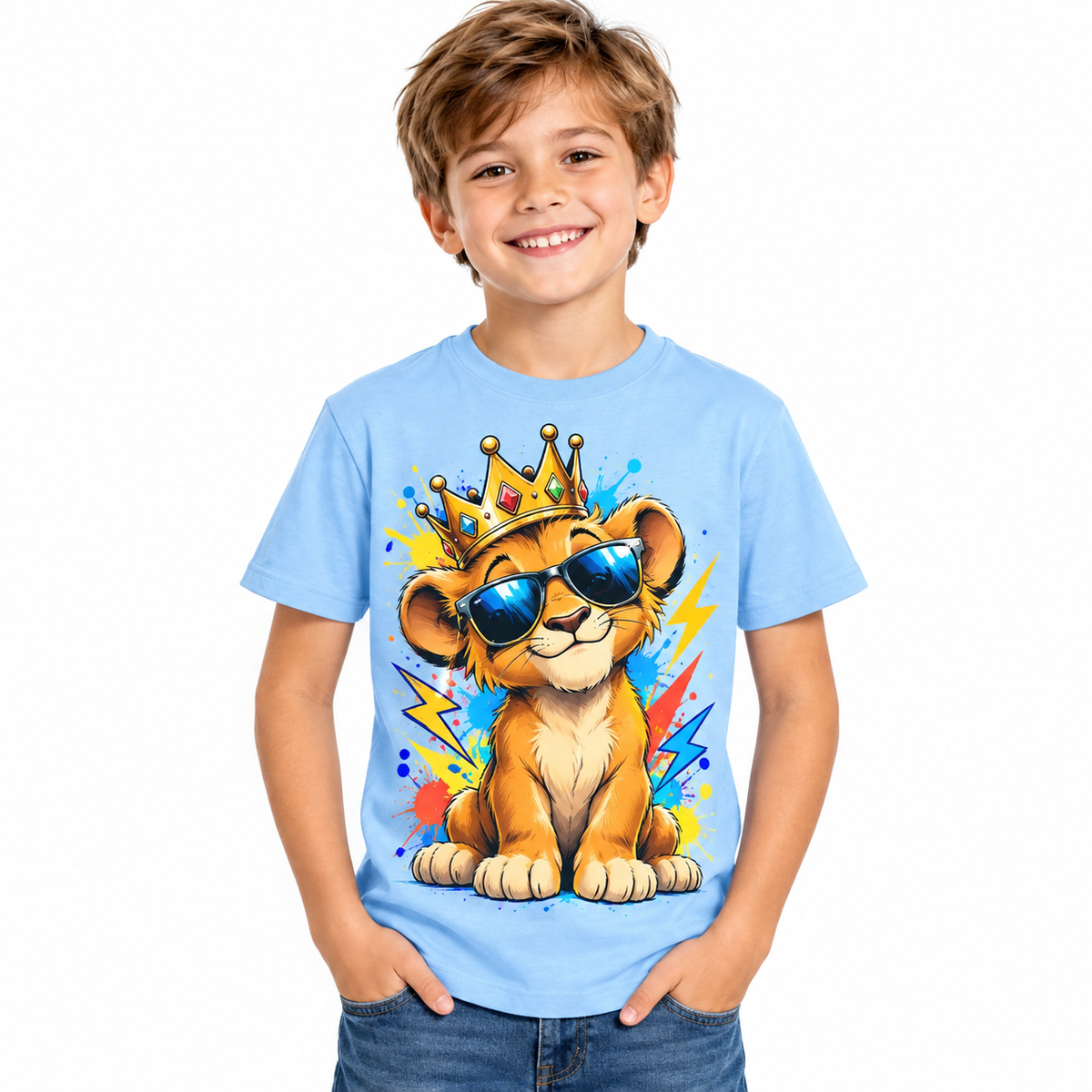 Tricou bleu pentru băieți cu leu și coroană – imagine 1