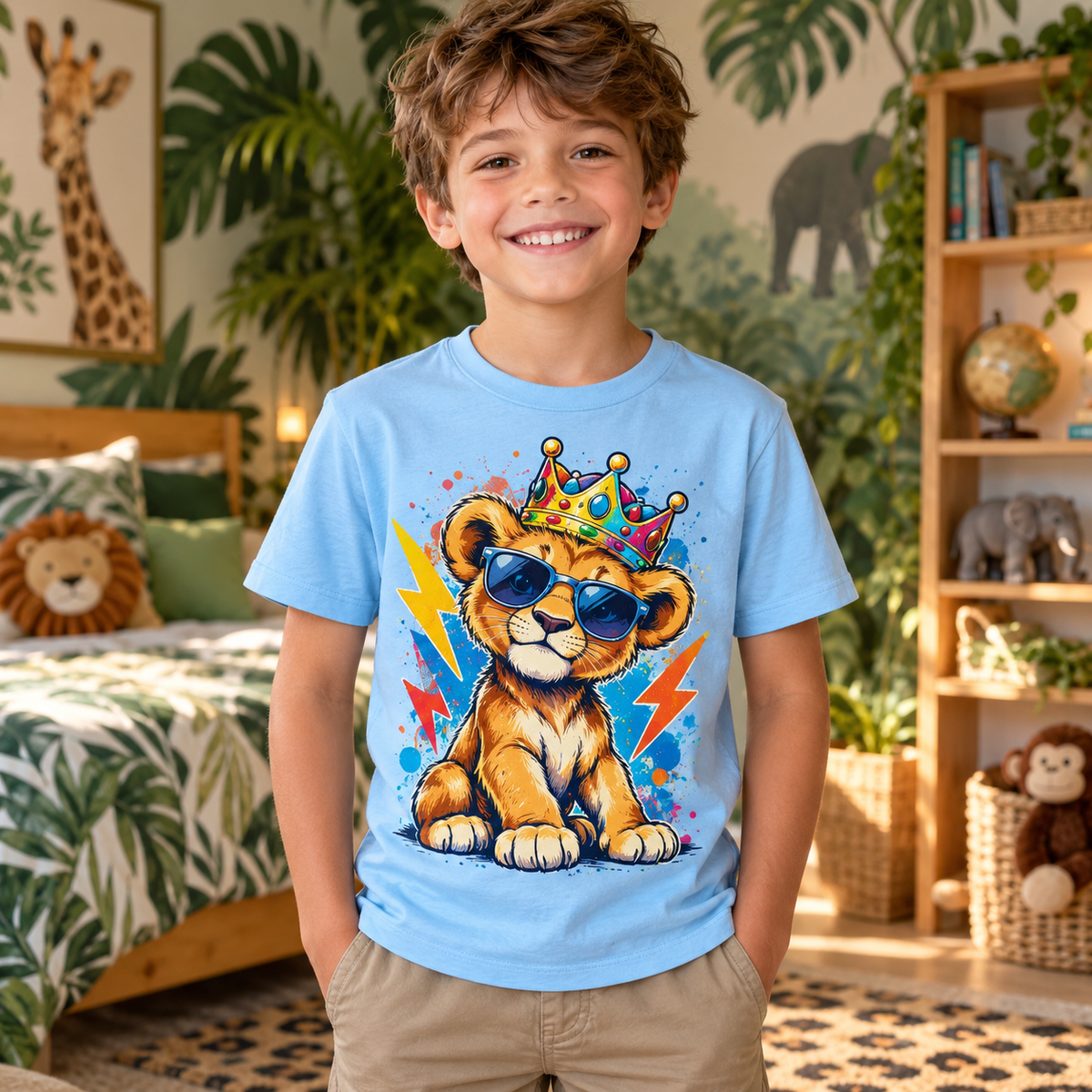 Tricou bleu pentru băieți cu leu și coroană – imagine 2