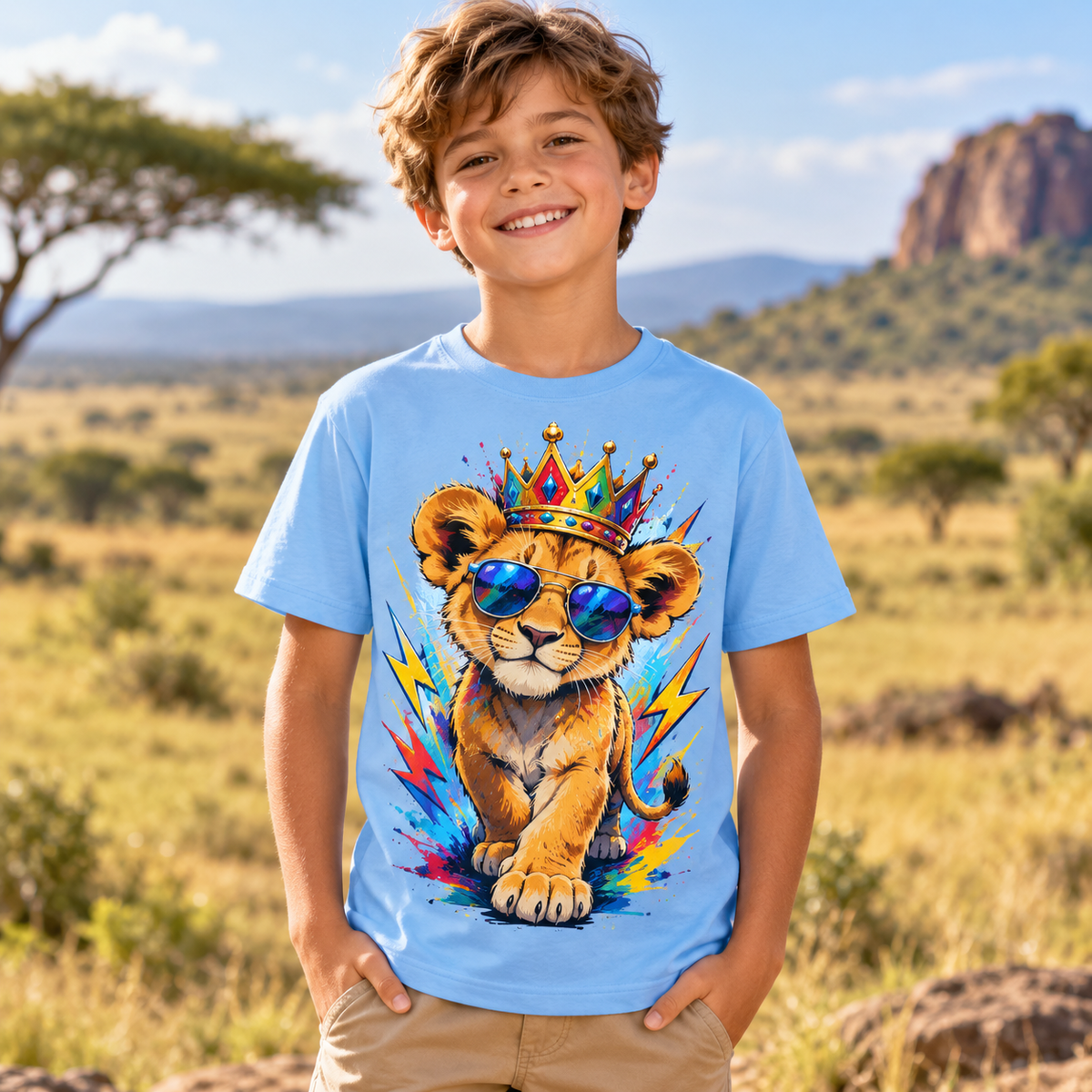 Tricou bleu pentru băieți cu leu și coroană – imagine 3