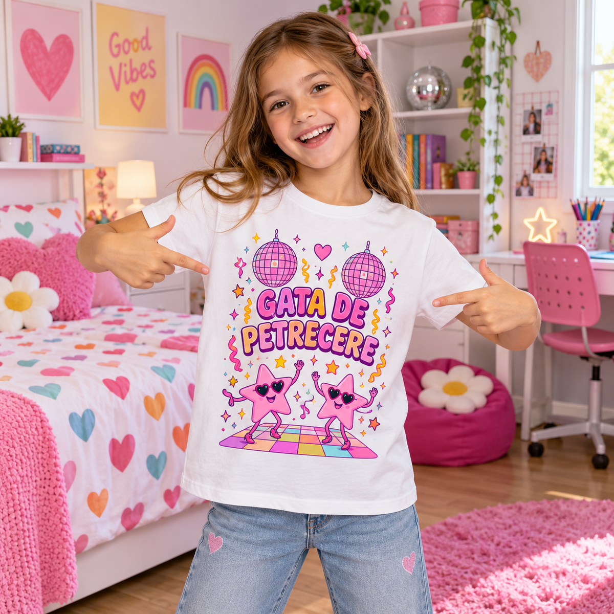 Tricou aniversar Gata de Petrecere – model disco roz – imagine 2