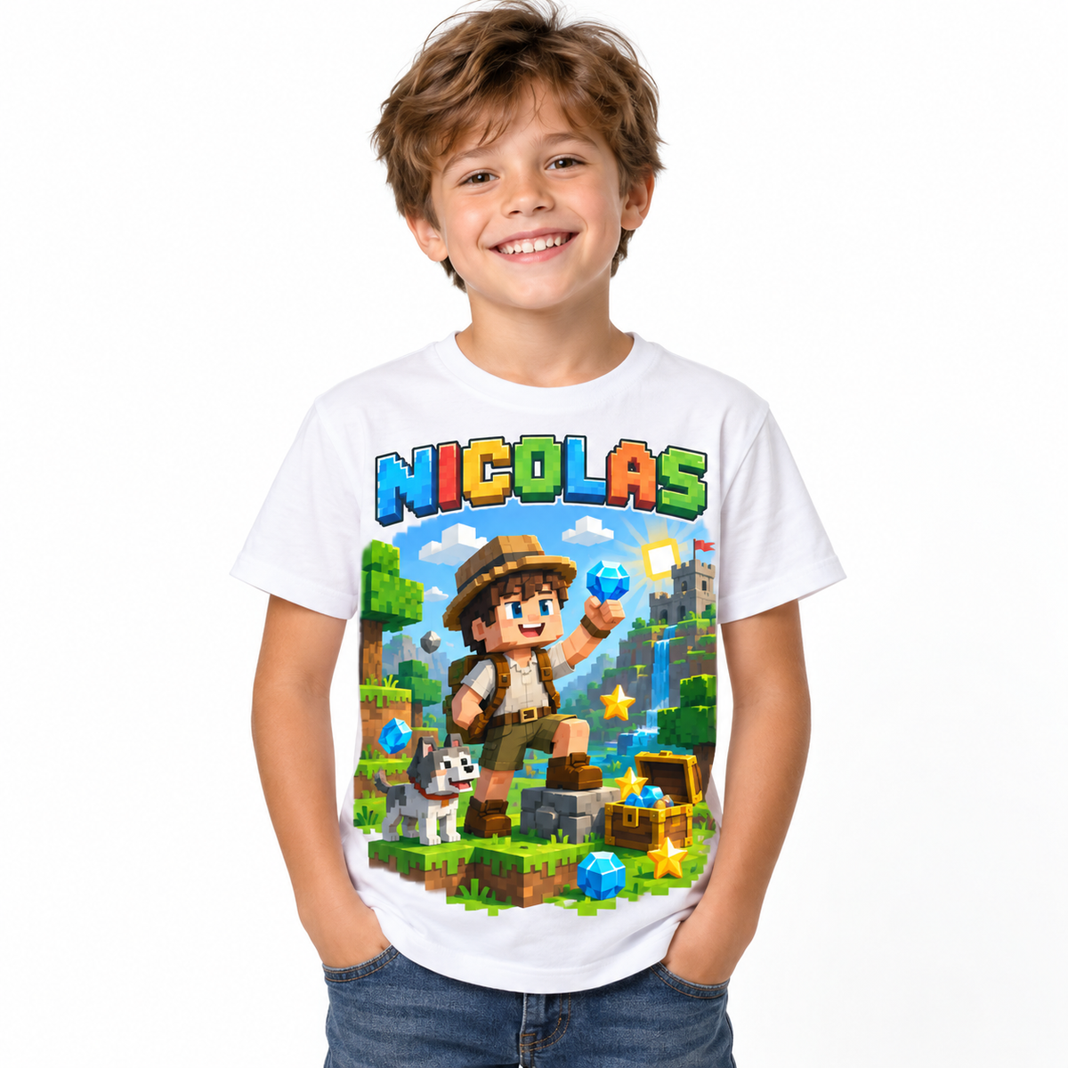 Tricou alb pentru băieți cu aventurier pixelat și numele Nicolas – imagine 1