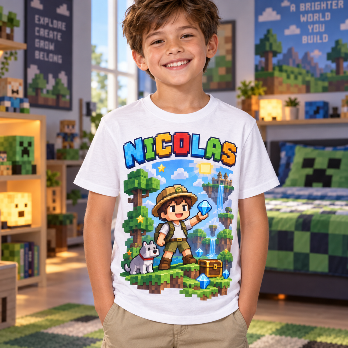 Tricou alb pentru băieți cu aventurier pixelat și numele Nicolas – imagine 2