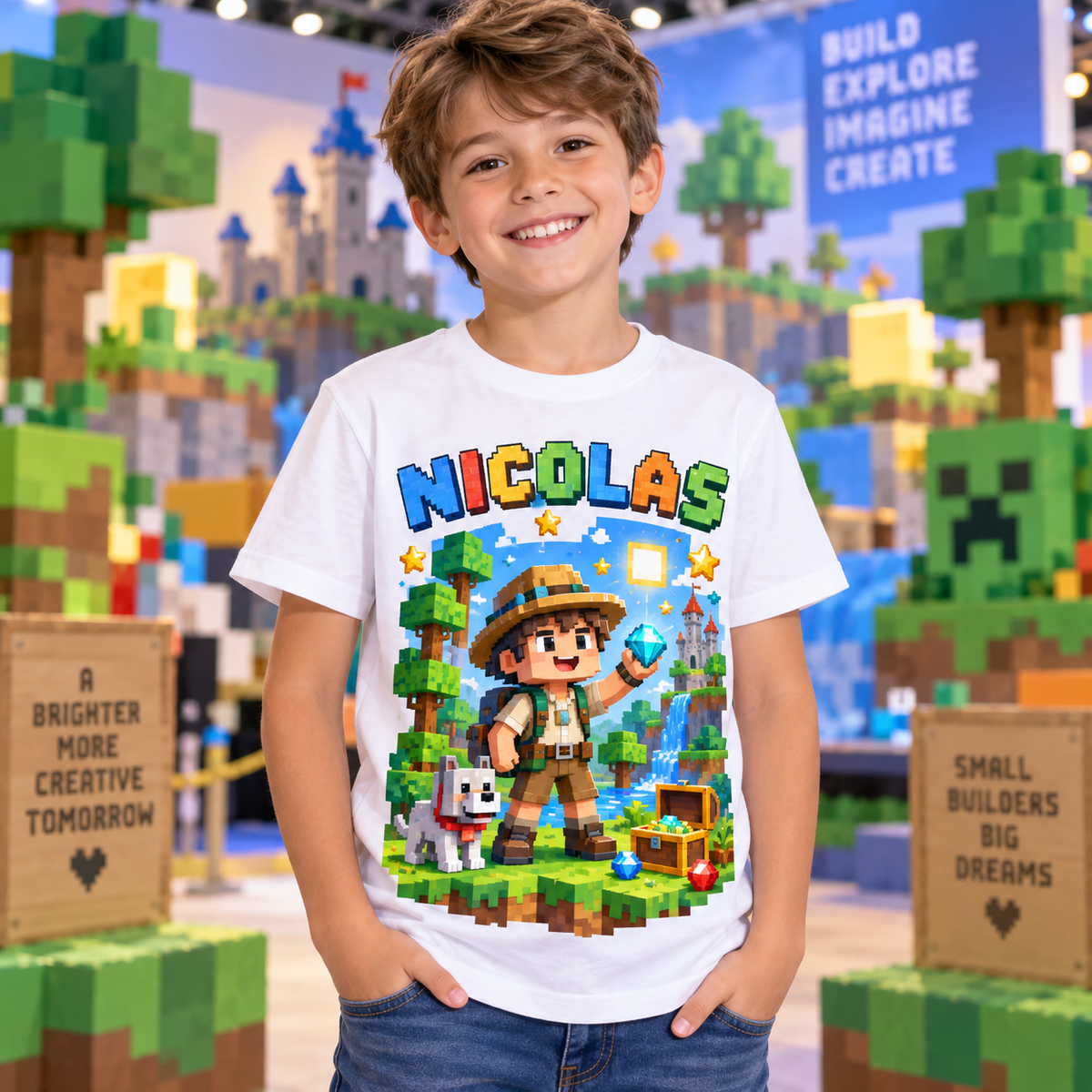 Tricou alb pentru băieți cu aventurier pixelat și numele Nicolas – imagine 3