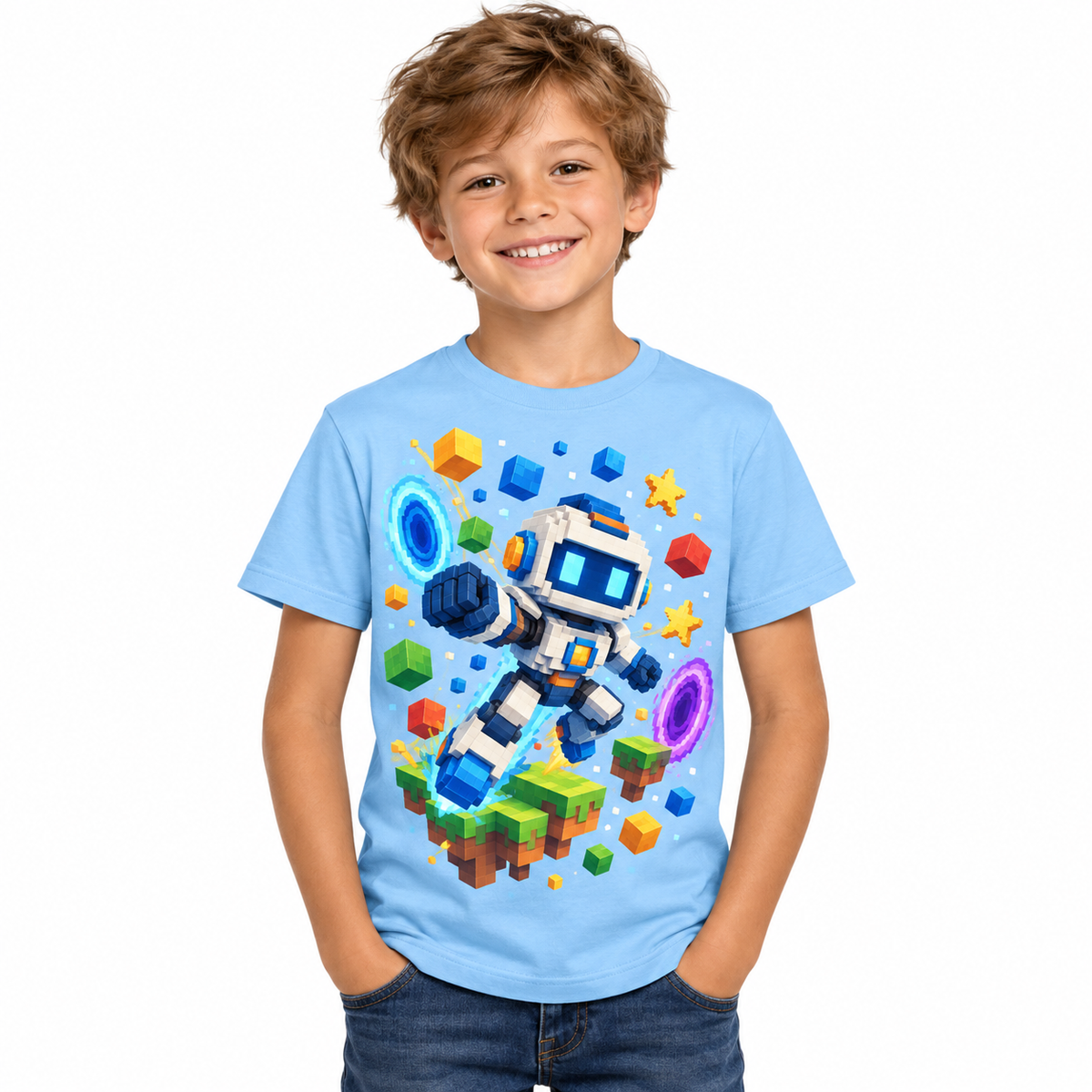 Tricou bleu pentru băieți cu robot pixelat – imagine 1