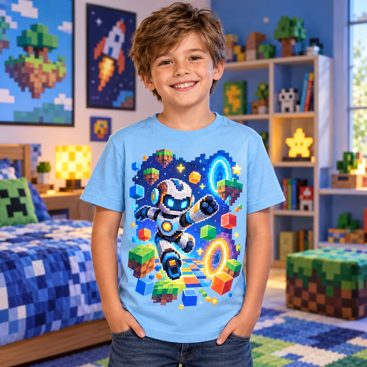 Tricou bleu pentru băieți cu robot pixelat – imagine 2