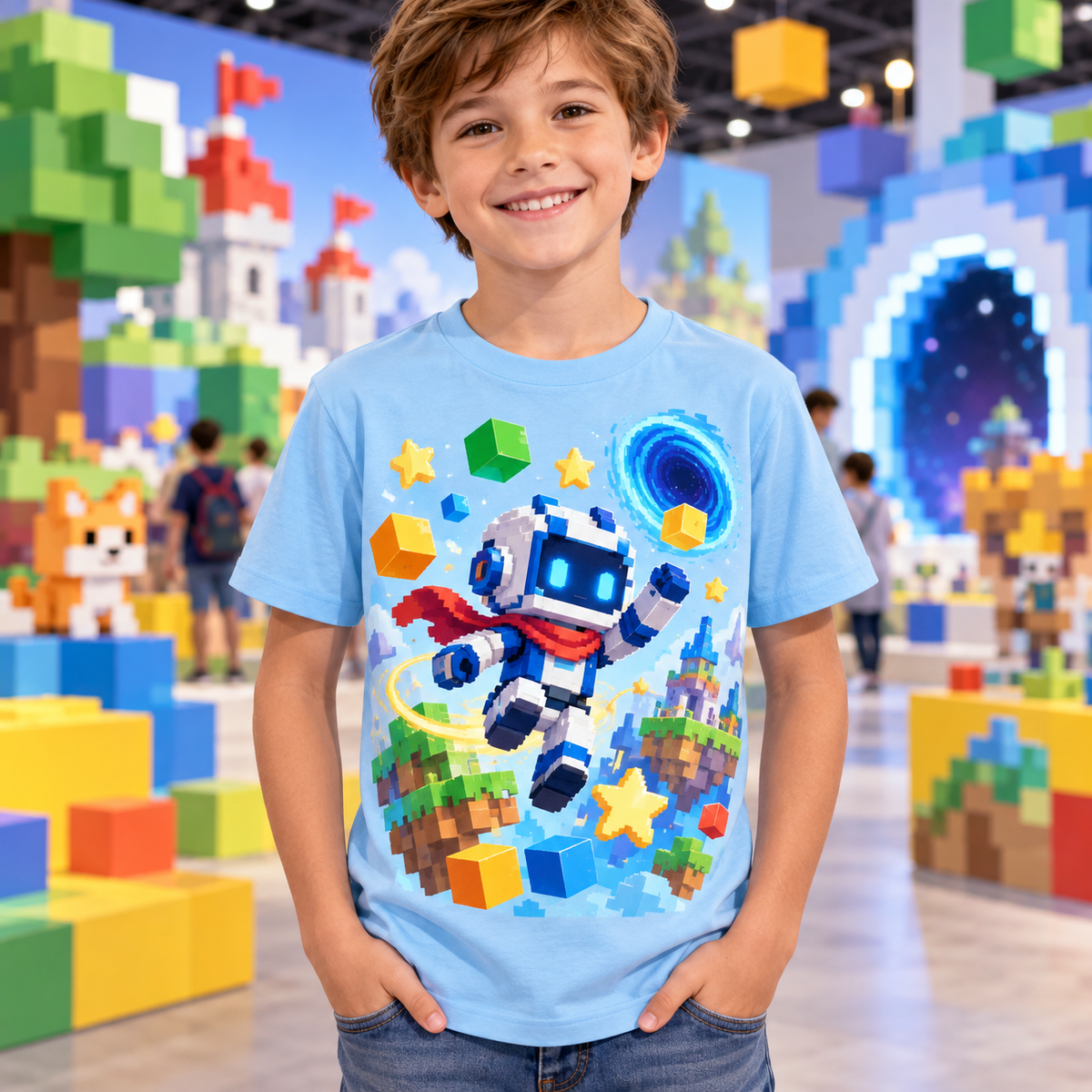 Tricou bleu pentru băieți cu robot pixelat – imagine 3