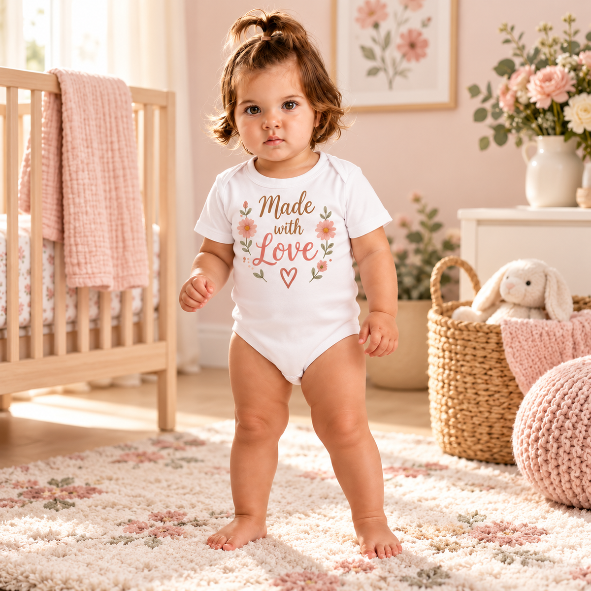 Body sau tricou personalizat pentru bebeluși Made with Love – imagine ambient
