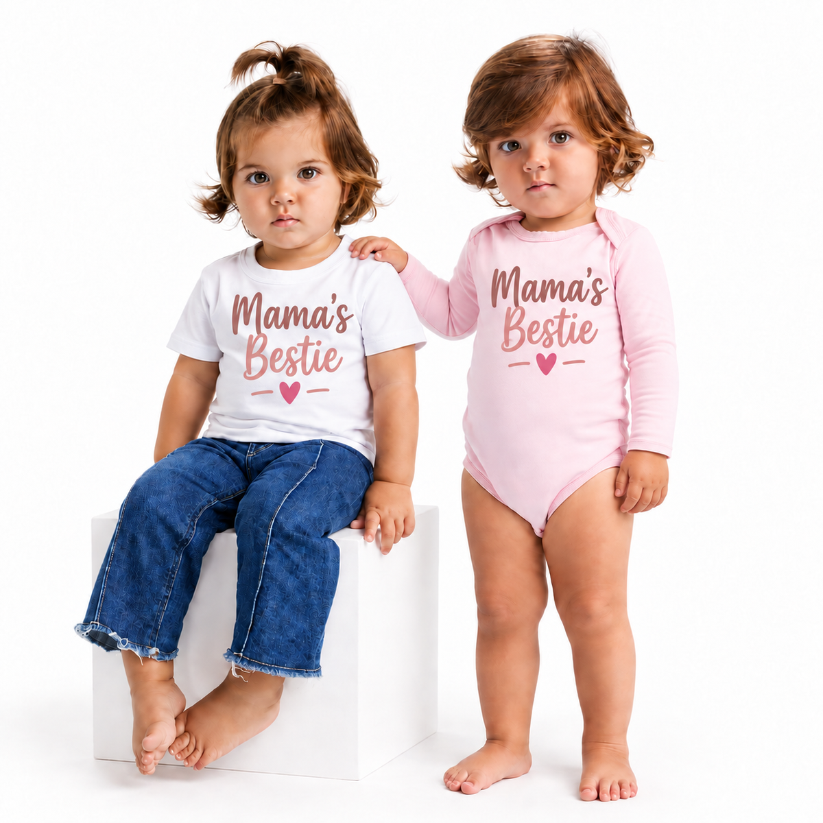 Body și tricou personalizat pentru bebeluși Mama’s Bestie – fundal alb