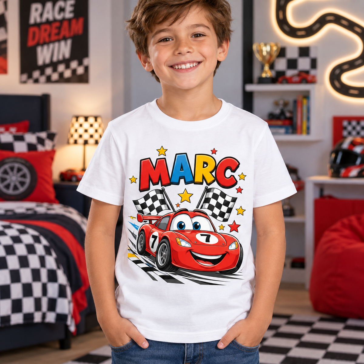 Tricou alb pentru băieți cu mașină de curse și numele Marc – imagine 2