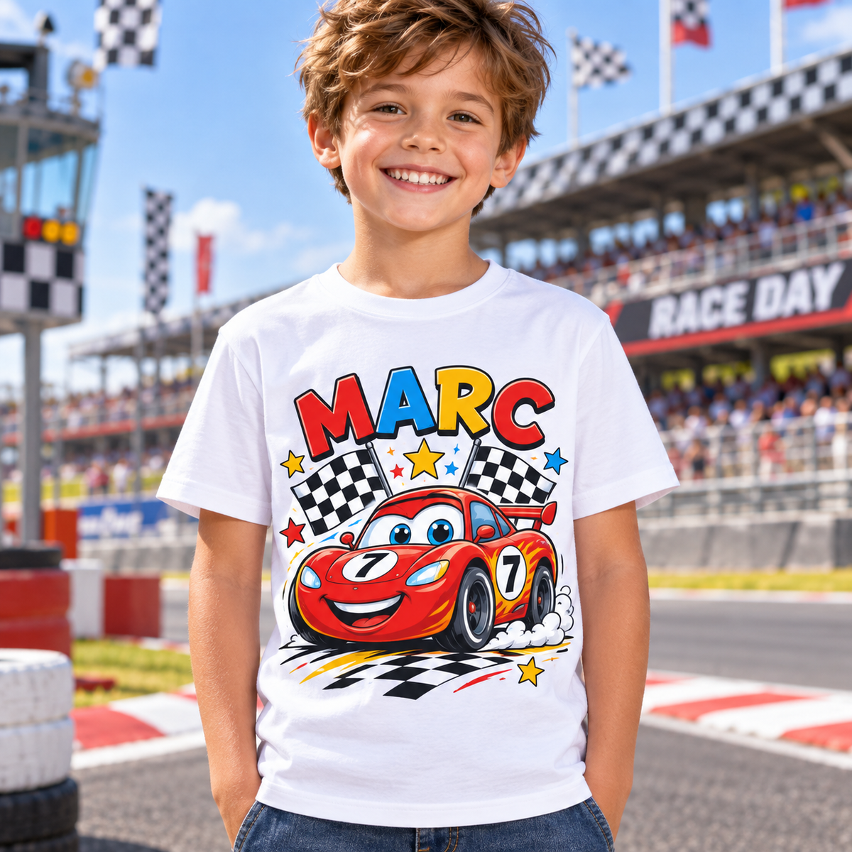 Tricou alb pentru băieți cu mașină de curse și numele Marc – imagine 3