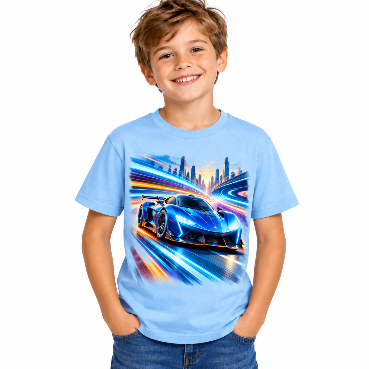 Tricou bleu pentru băieți cu mașină sport – imagine 1