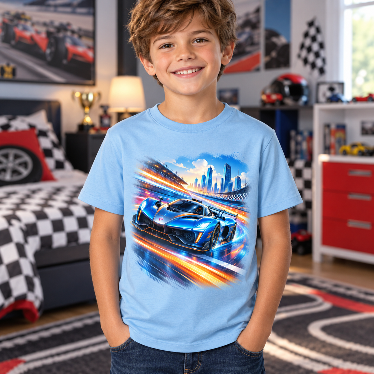 Tricou bleu pentru băieți cu mașină sport – imagine 2