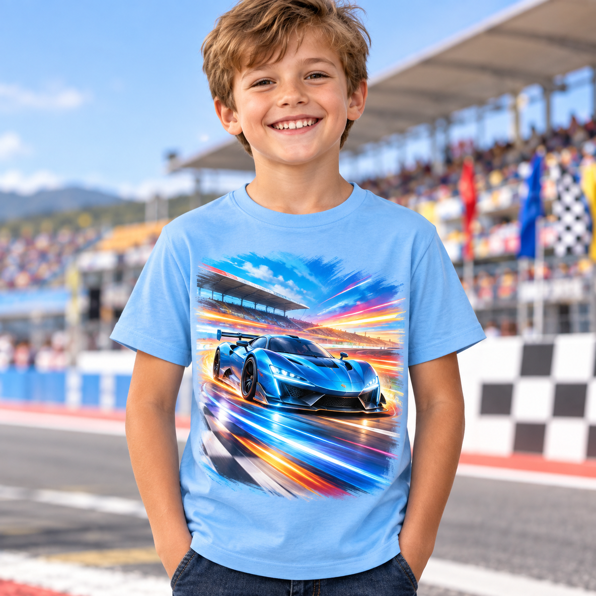 Tricou bleu pentru băieți cu mașină sport – imagine 3