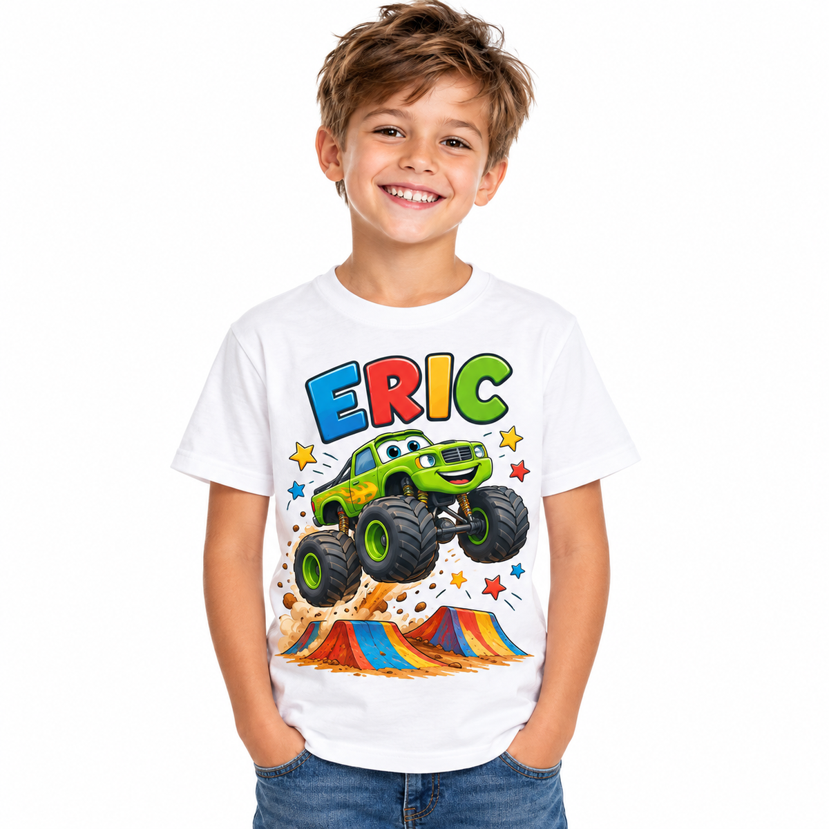 Tricou alb pentru băieți cu Monster Truck și numele Eric – imagine 1