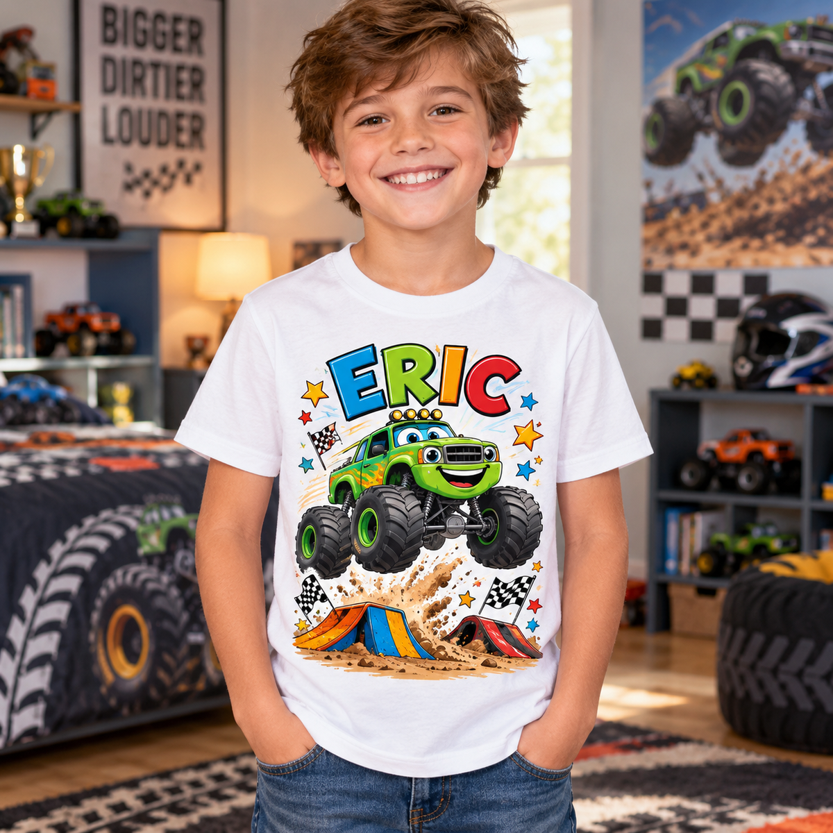 Tricou alb pentru băieți cu Monster Truck și numele Eric – imagine 2