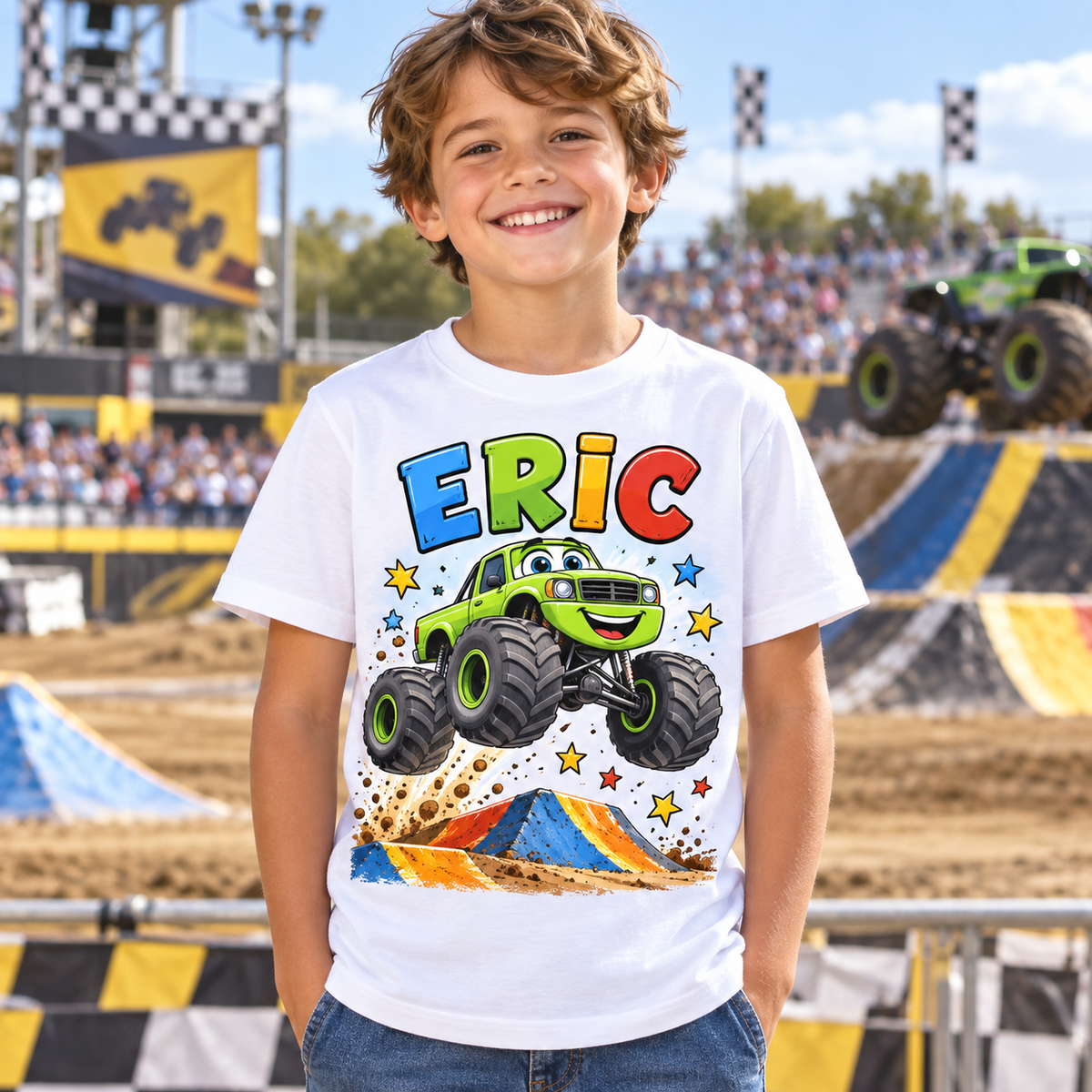 Tricou alb pentru băieți cu Monster Truck și numele Eric – imagine 3