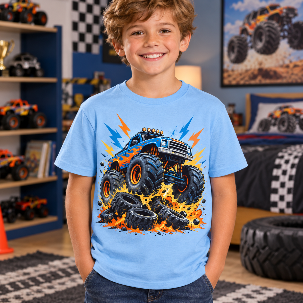 Tricou bleu pentru băieți cu Monster Truck – imagine 2