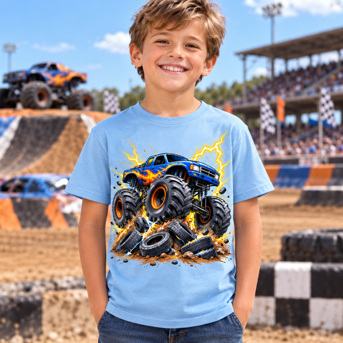 Tricou bleu pentru băieți cu Monster Truck – imagine 3