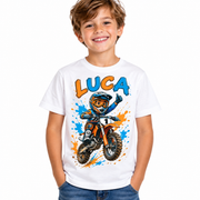 Tricou alb pentru băieți cu motocross și numele Luca – imagine 1