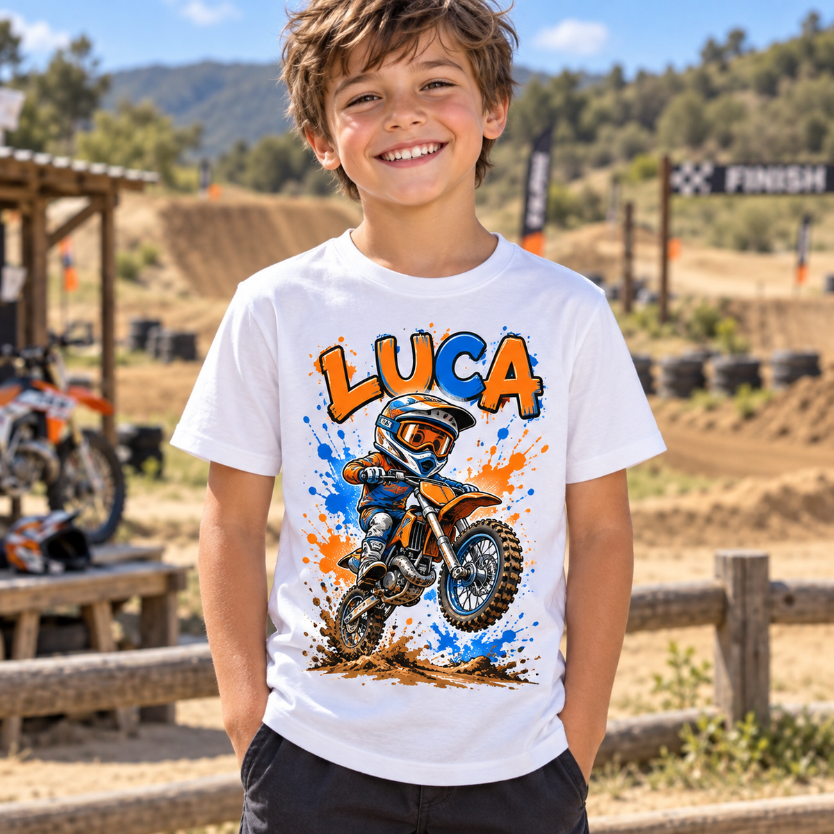 Tricou alb pentru băieți cu motocross și numele Luca – imagine 3