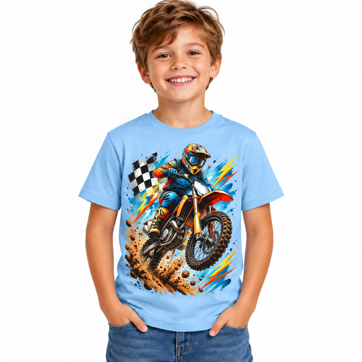 Tricou bleu pentru băieți cu motocicletă motocross – imagine 1