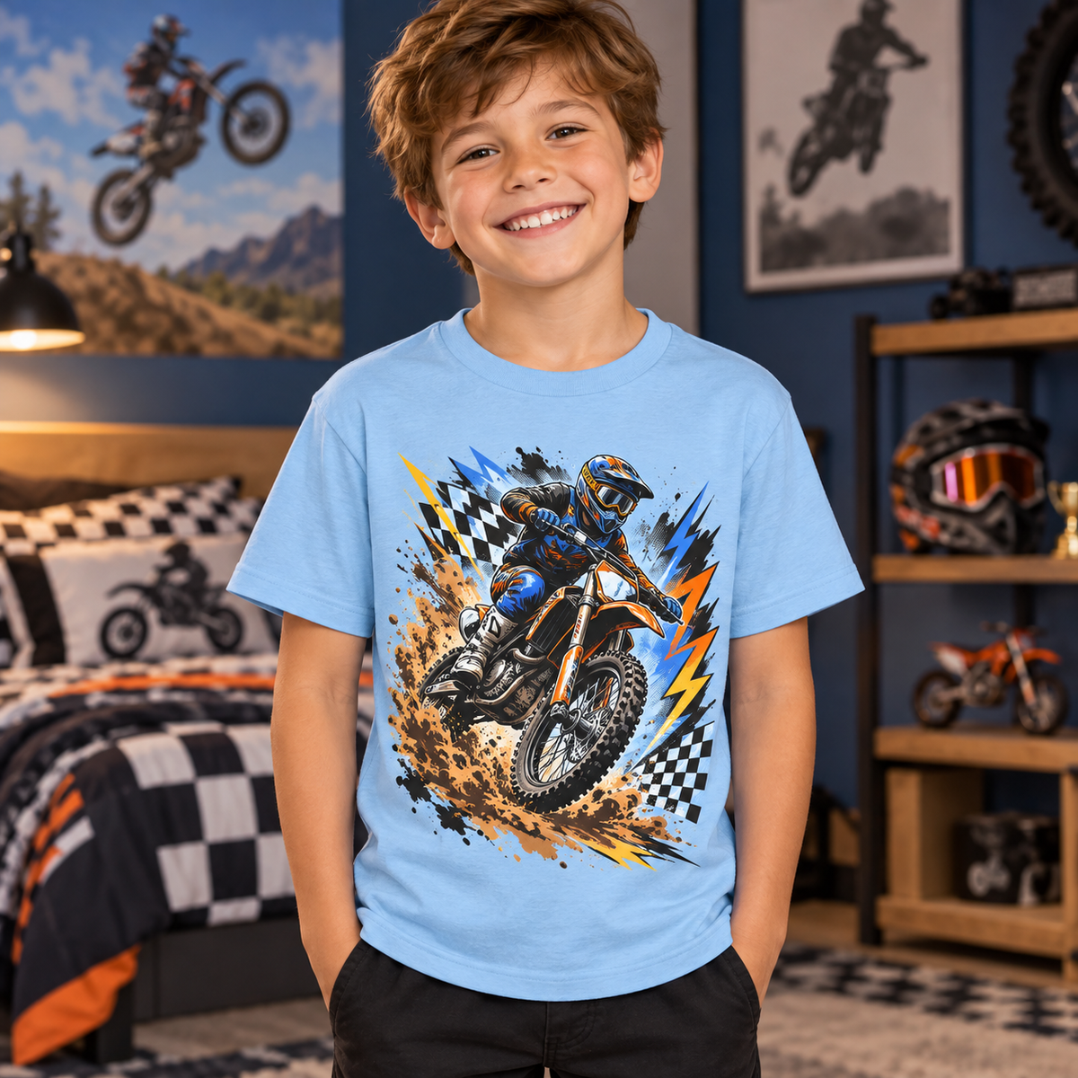 Tricou bleu pentru băieți cu motocicletă motocross – imagine 2