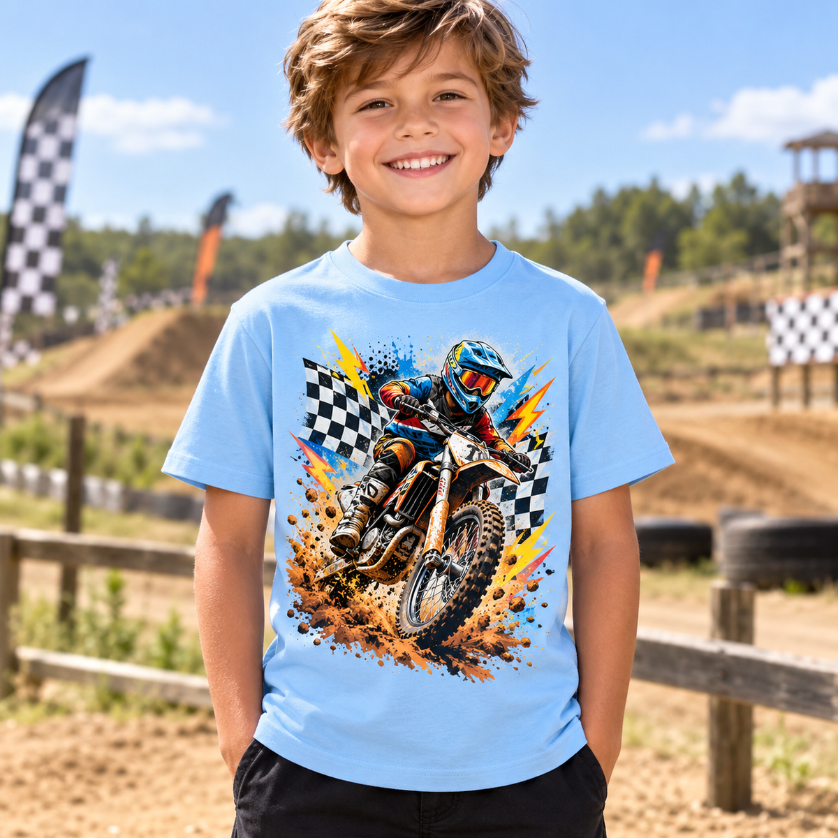 Tricou bleu pentru băieți cu motocicletă motocross – imagine 3