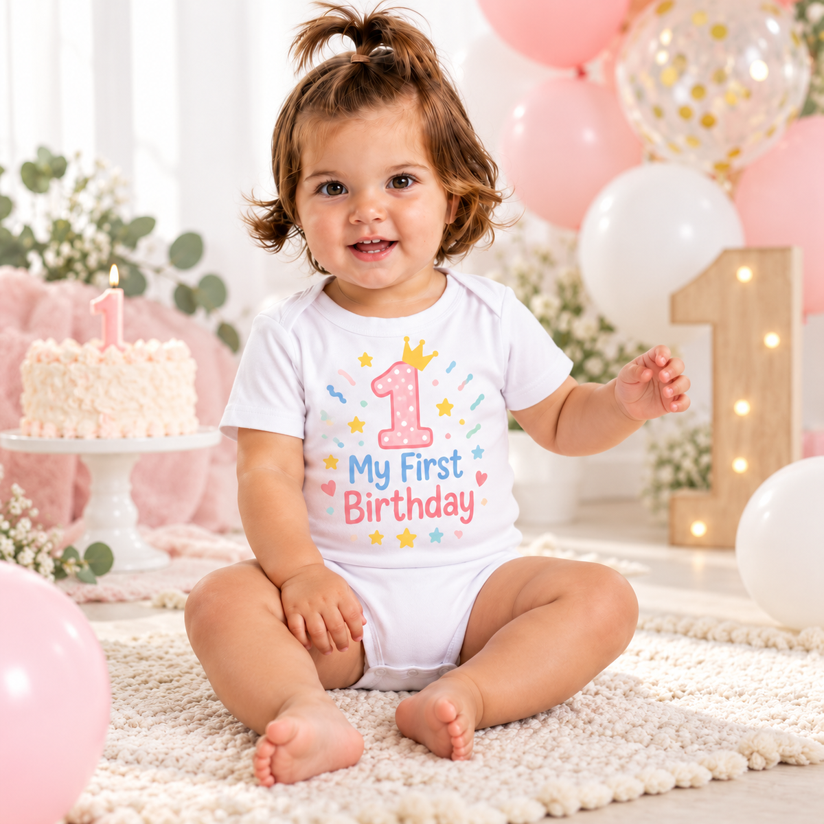 Body sau tricou personalizat pentru bebeluși My First Birthday – imagine ambient