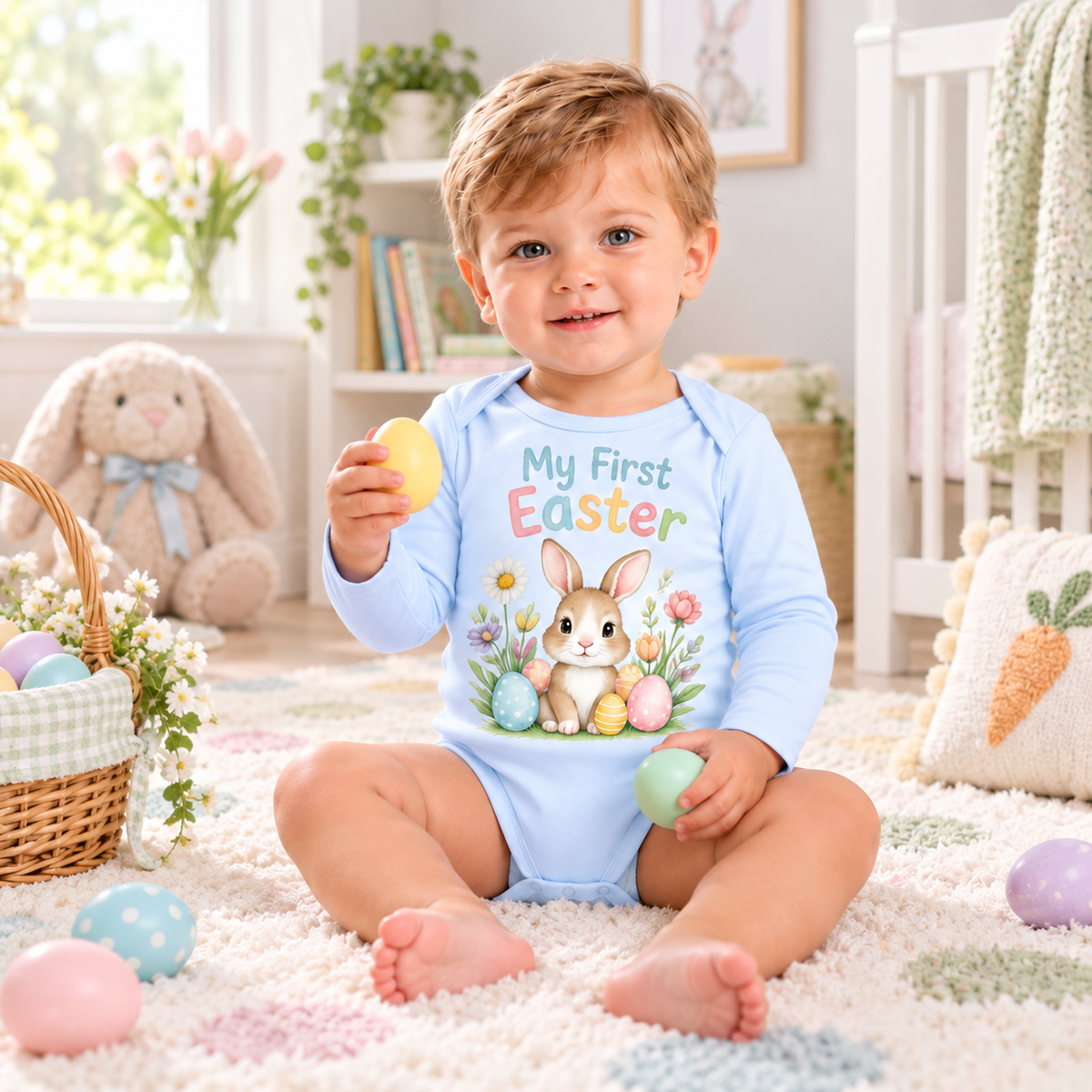 Body sau tricou personalizat pentru bebeluși My First Easter – imagine ambient