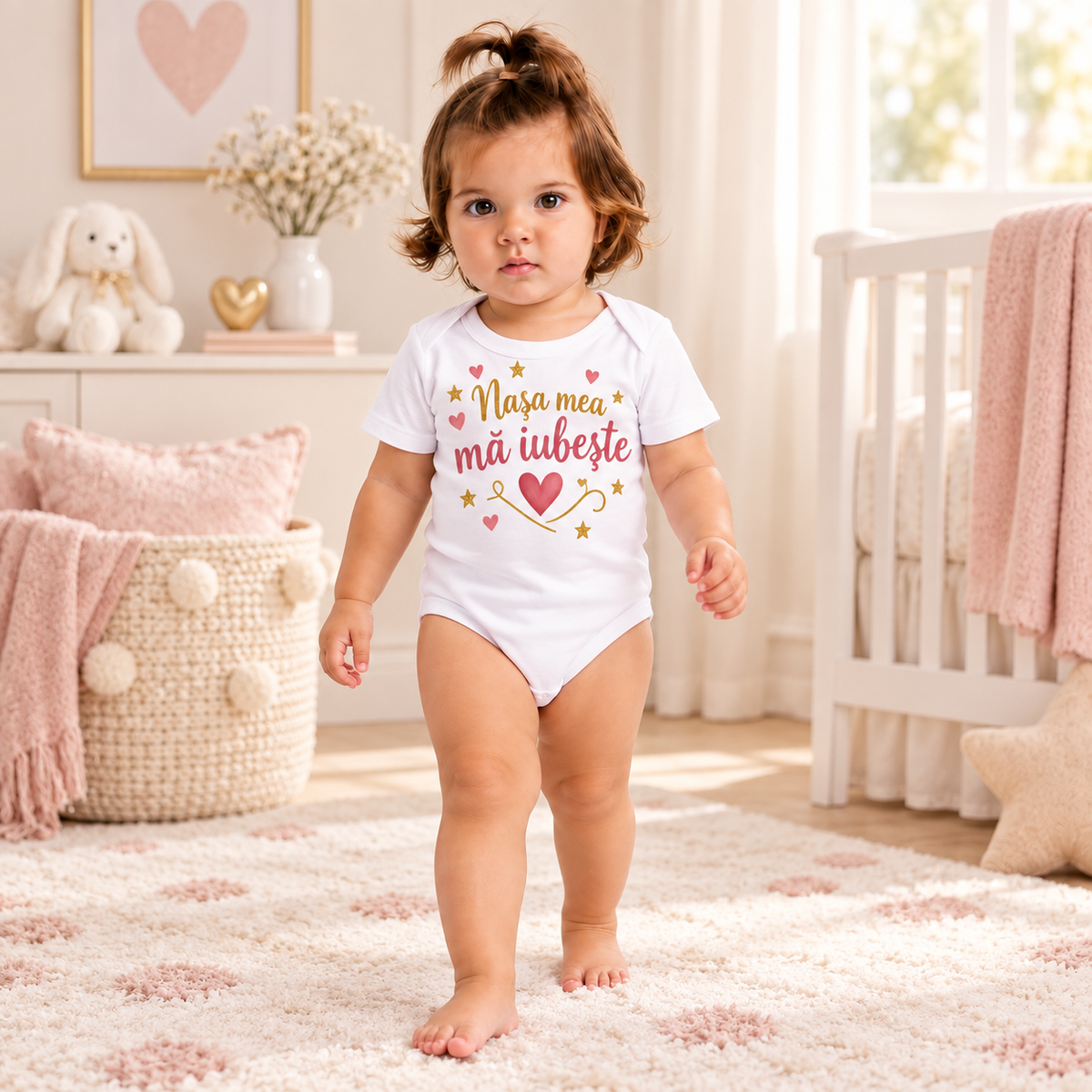Body sau tricou personalizat pentru bebeluși Nașa mea mă iubește – imagine ambient