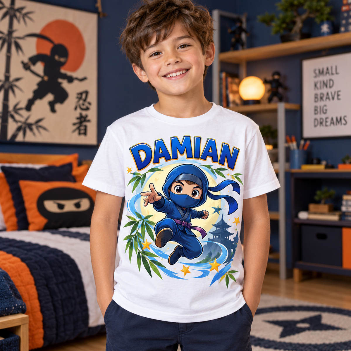 Tricou alb pentru băieți cu ninja și numele Damian – imagine 2
