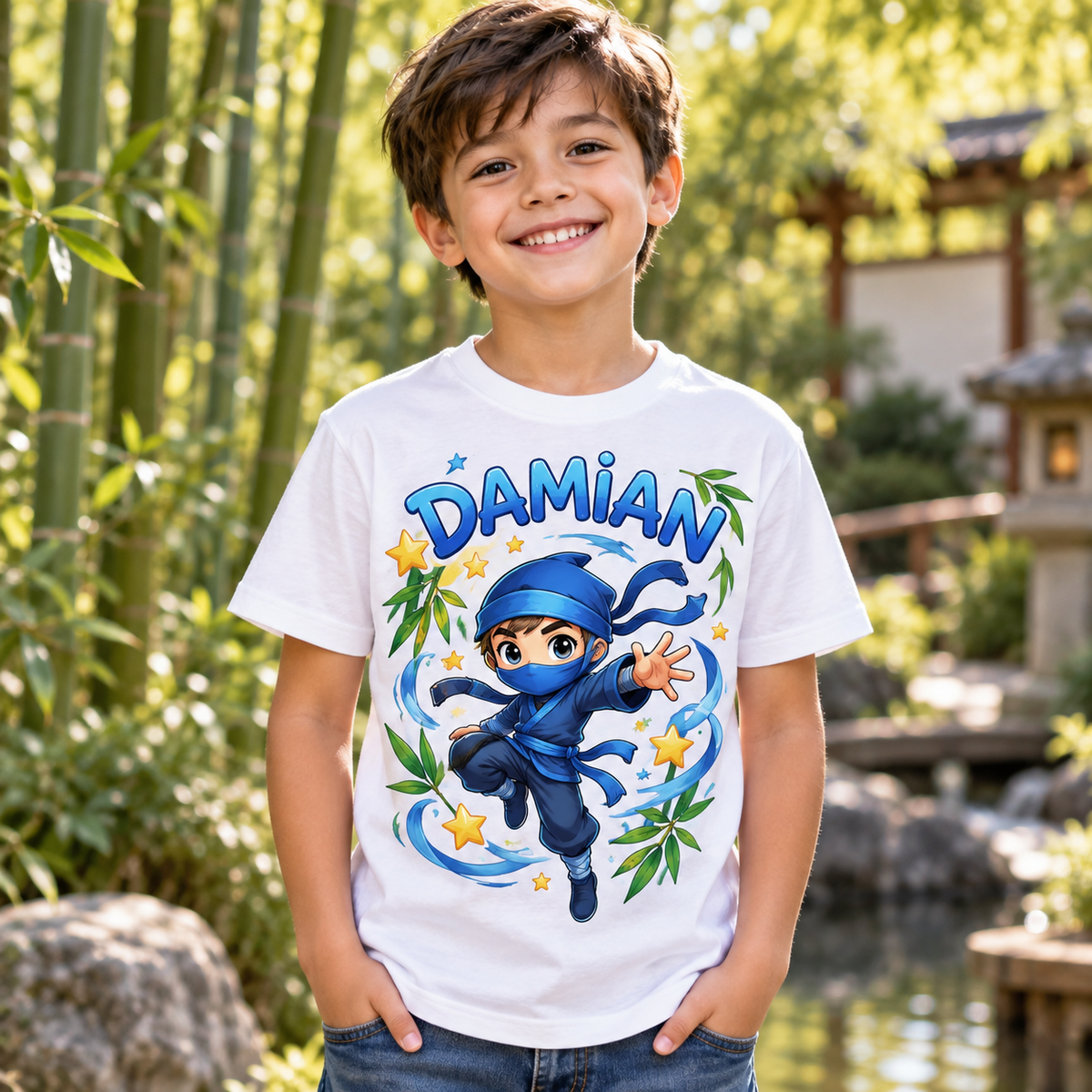 Tricou alb pentru băieți cu ninja și numele Damian – imagine 3
