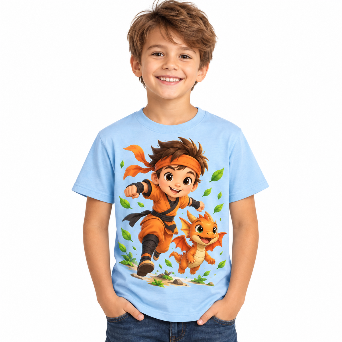 Tricou bleu pentru băieți cu ninja și dragon – imagine 1