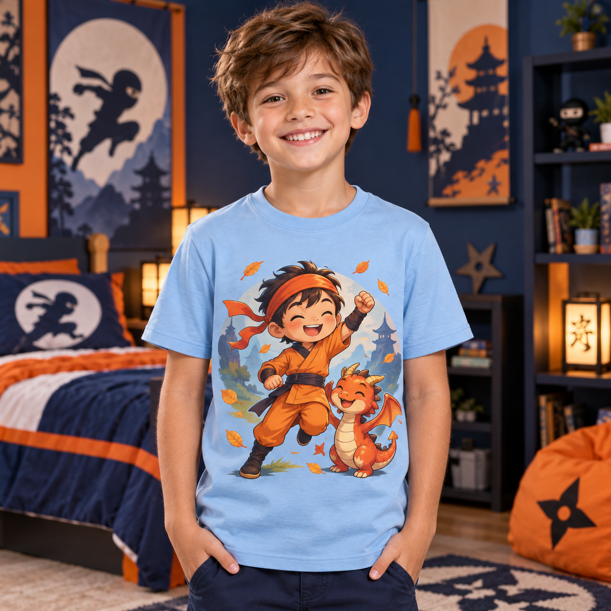 Tricou bleu pentru băieți cu ninja și dragon – imagine 2