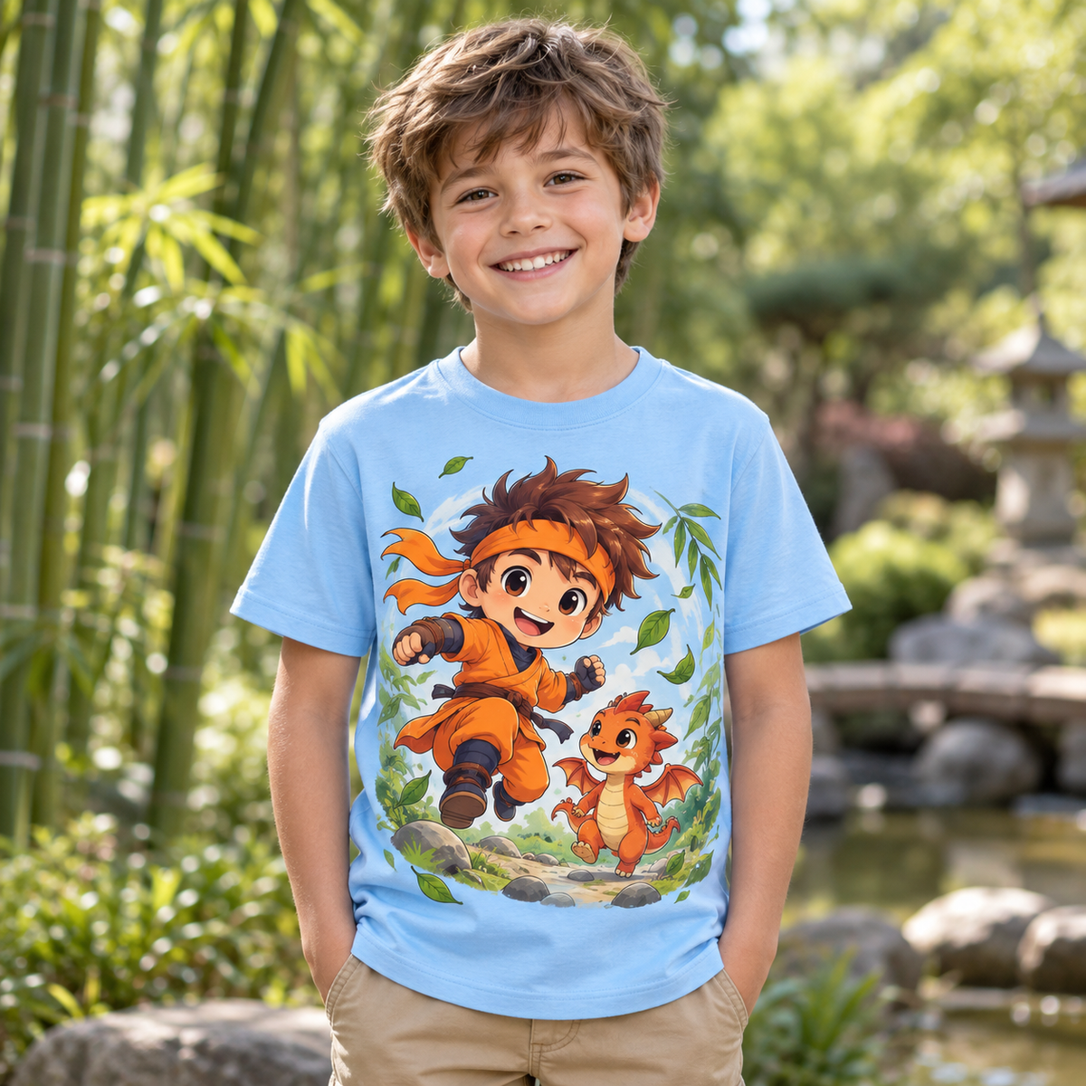 Tricou bleu pentru băieți cu ninja și dragon – imagine 3