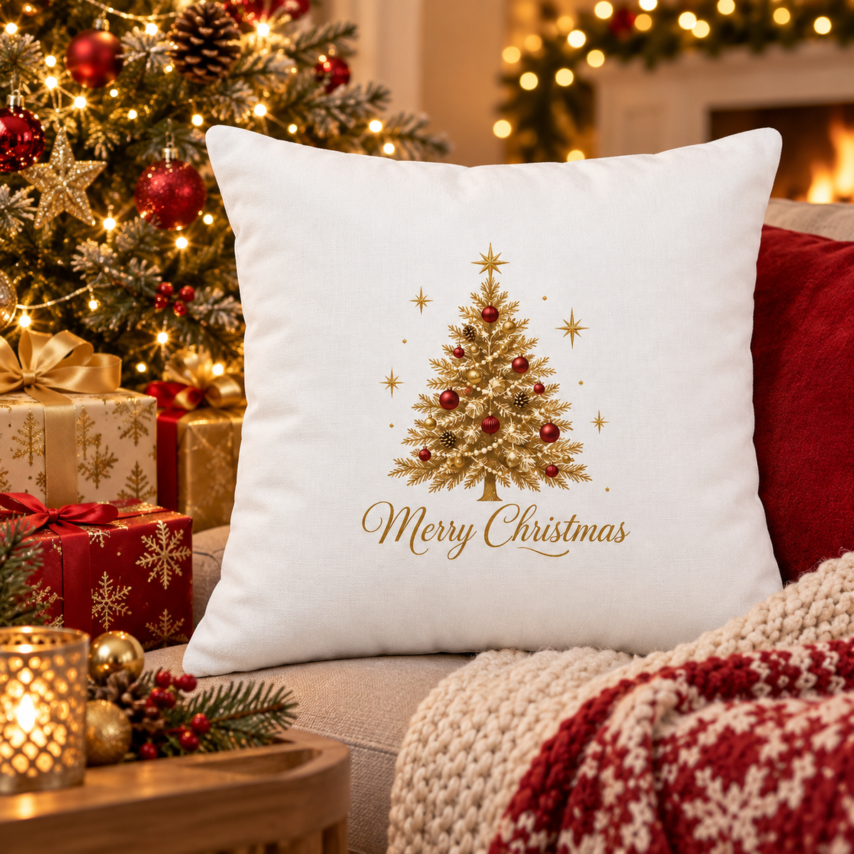 Pernă Decorativă de Crăciun pentru Adulți – Brad Elegant Auriu și Steluțe, Model Magia Sărbătorilor – prezentare în decor festiv