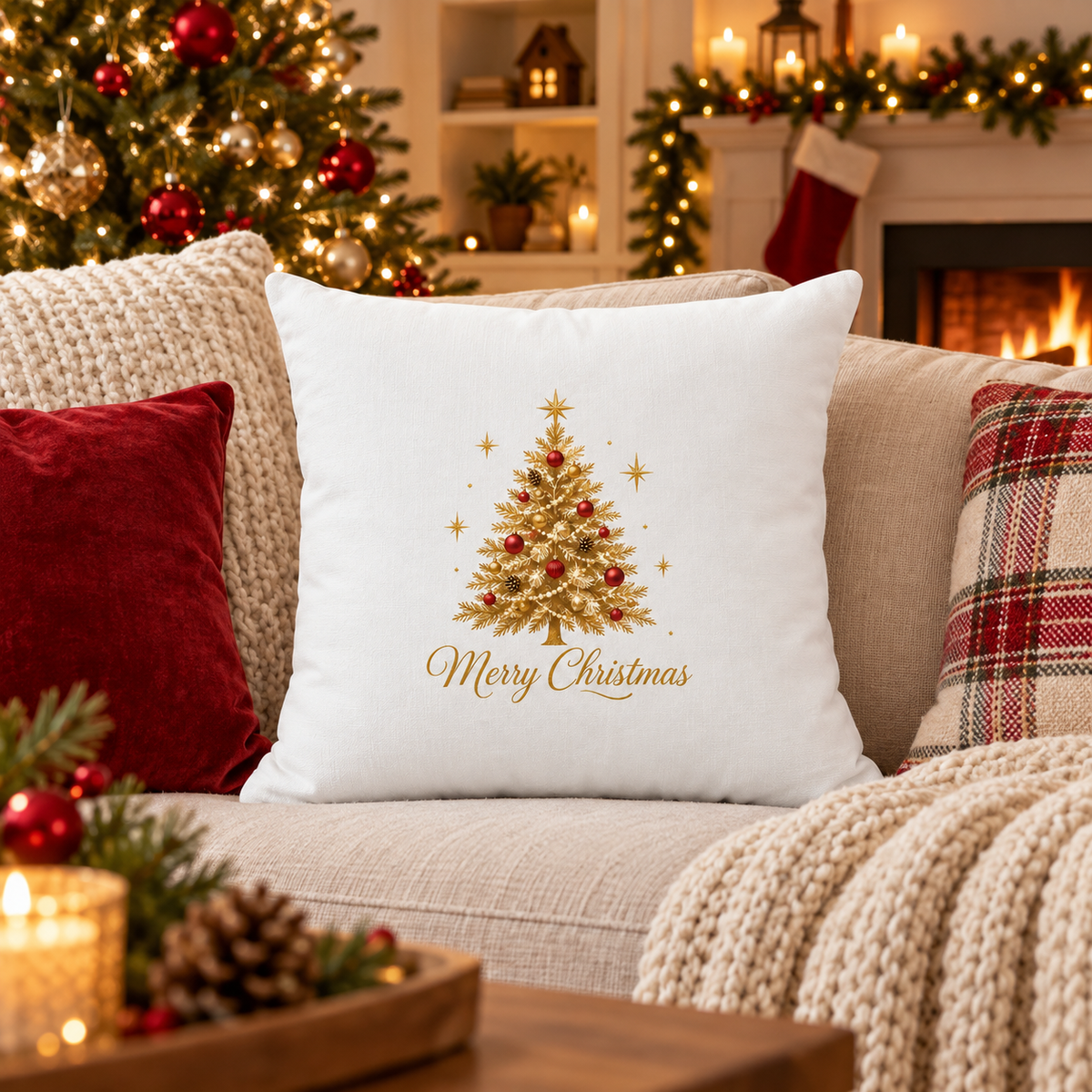 Pernă Decorativă de Crăciun pentru Adulți – Brad Elegant Auriu și Steluțe, Model Magia Sărbătorilor – prezentare în decor festiv
