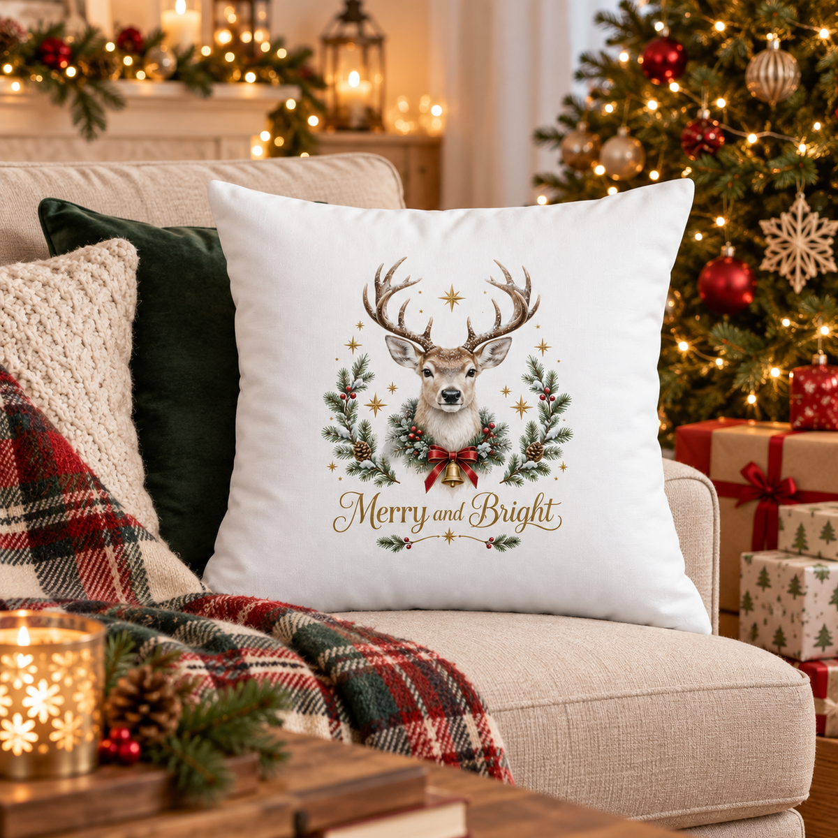 Pernă Decorativă de Crăciun pentru Adulți – Ren Elegant cu Ramuri de Brad, Model Farmec Nordic – prezentare în decor festiv