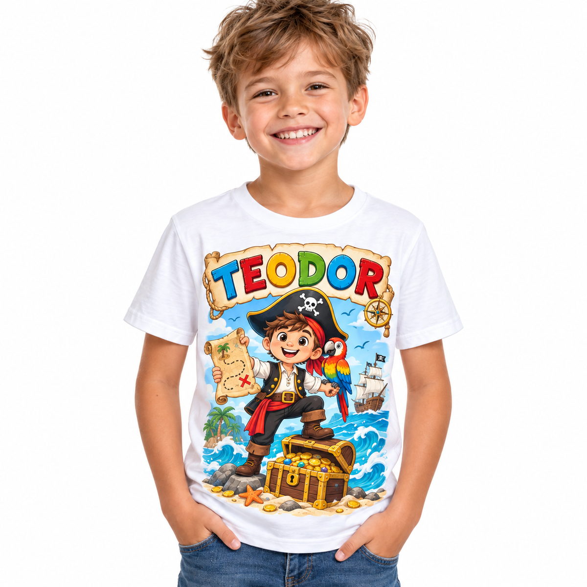 Tricou alb pentru băieți cu pirat și numele Teodor – imagine 1