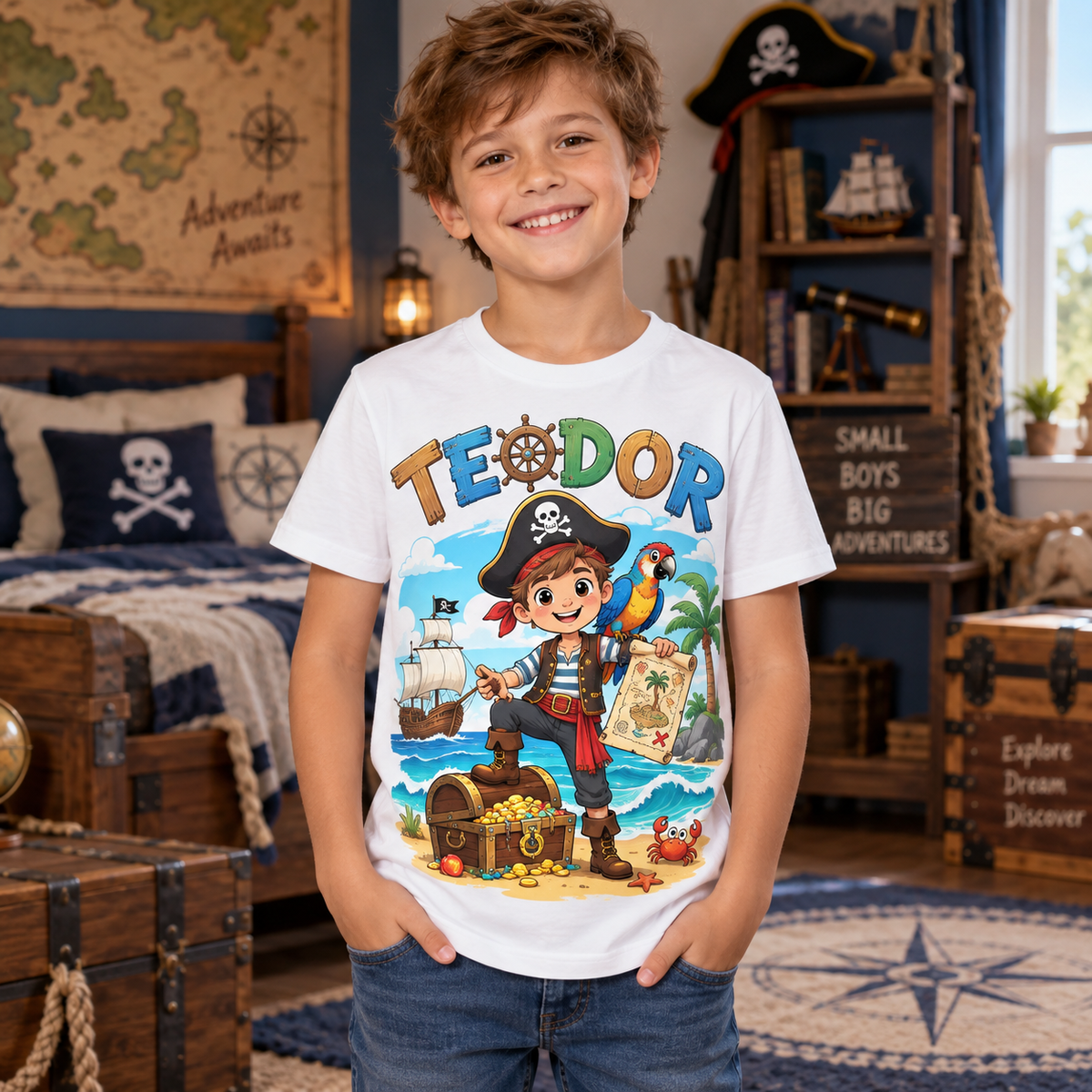 Tricou alb pentru băieți cu pirat și numele Teodor – imagine 2