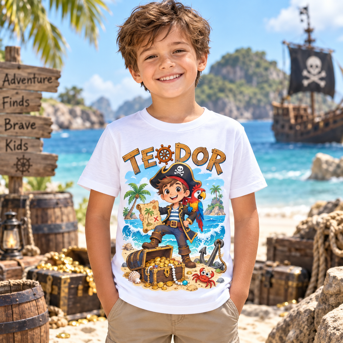 Tricou alb pentru băieți cu pirat și numele Teodor – imagine 3
