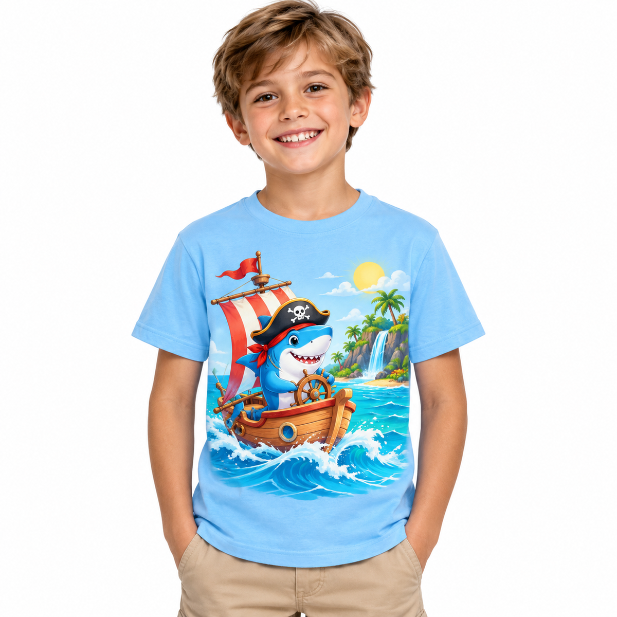 Tricou bleu pentru băieți cu rechin pirat – imagine 1