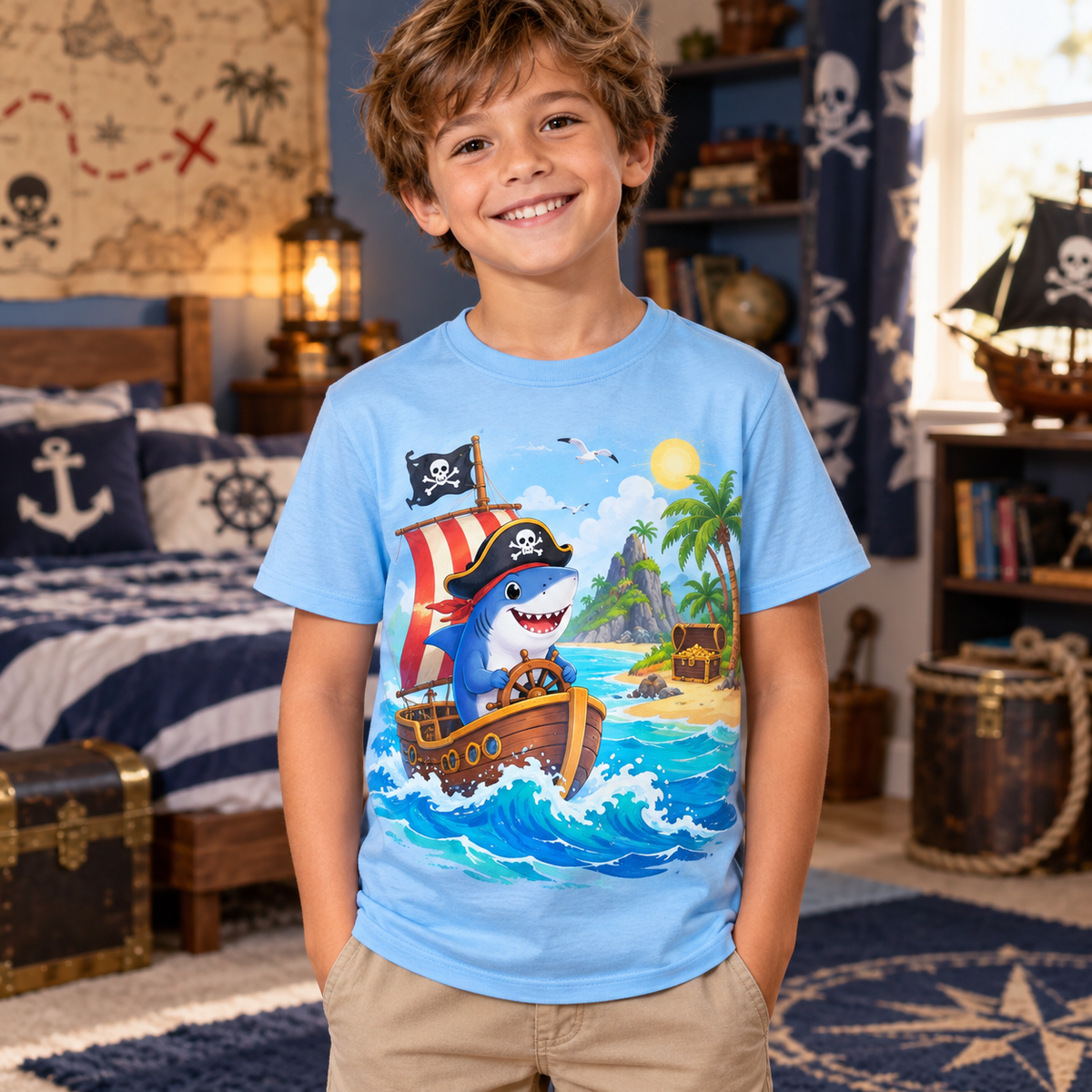 Tricou bleu pentru băieți cu rechin pirat – imagine 2