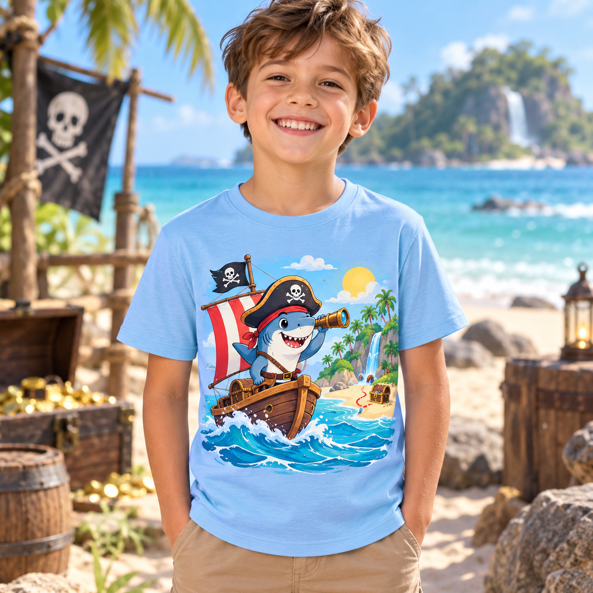 Tricou bleu pentru băieți cu rechin pirat – imagine 3