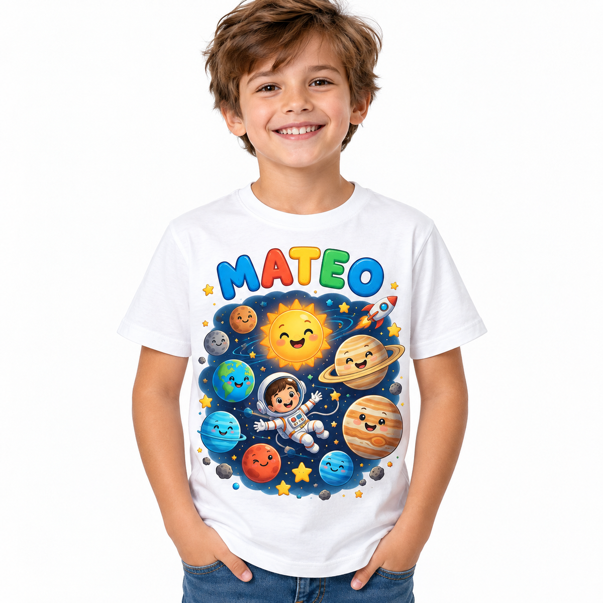 Tricou alb pentru băieți cu planete și numele Mateo – imagine 1